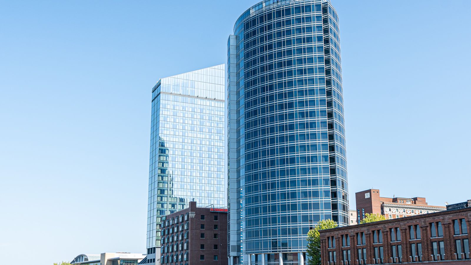 The downtown Grand Rapids, Michigan skyline along the Grand River